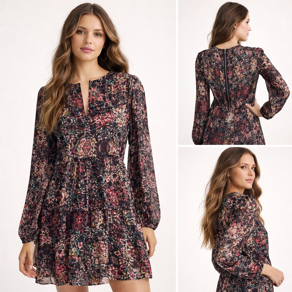 Abercrombie & Fitch‎ Floral Boho Mini Dress Sheer Long Sleeve Fit & Flare Size S